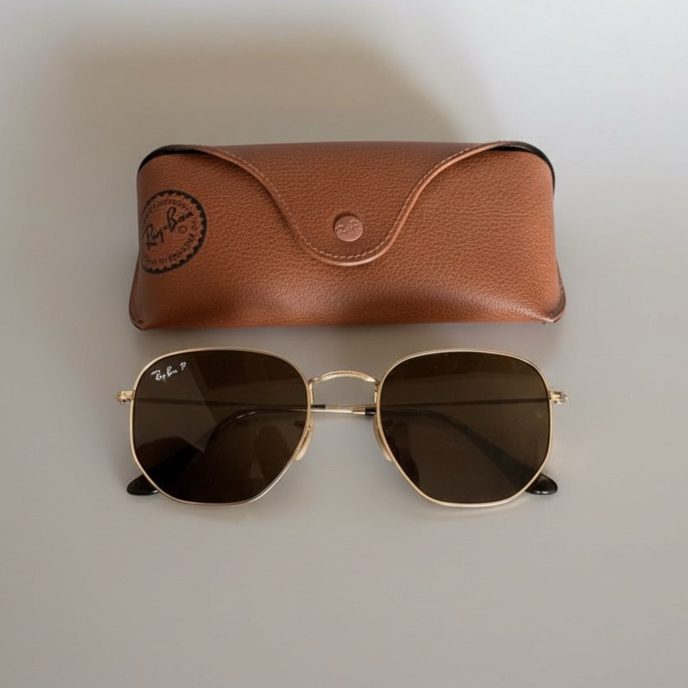 Ray-Ban Hexagonal Gold Frame Sunglasses with Brown Lenses